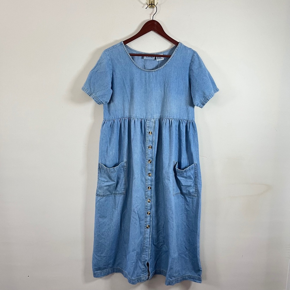 Vintage Womens True Blue Denim Midi Dress Button Front Pockets Medium  Cottage